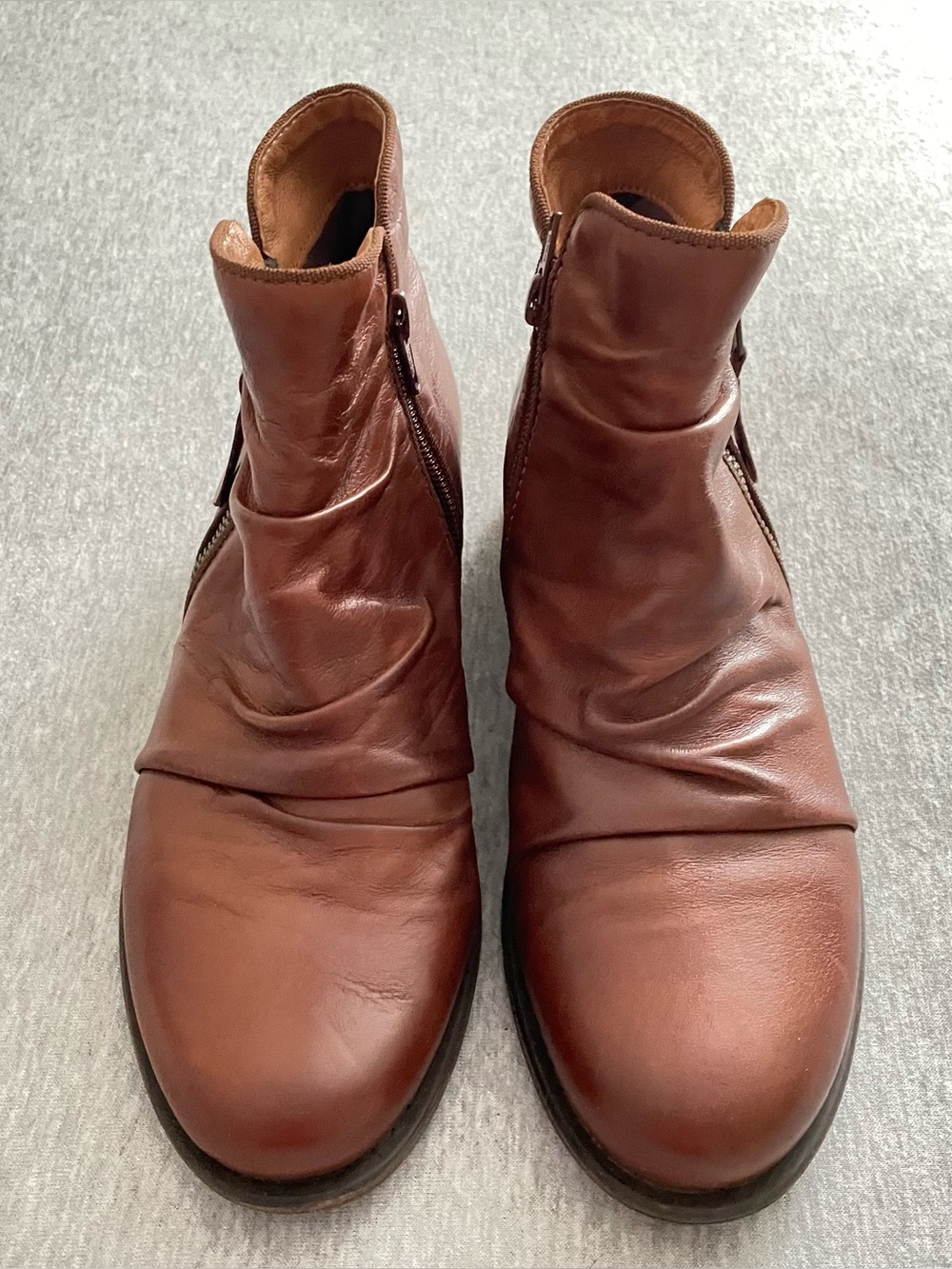 Miz Mooz Layla Women’s Size EU 37 US 6.5 Brown Leather Rouched Zip Ankle Boots